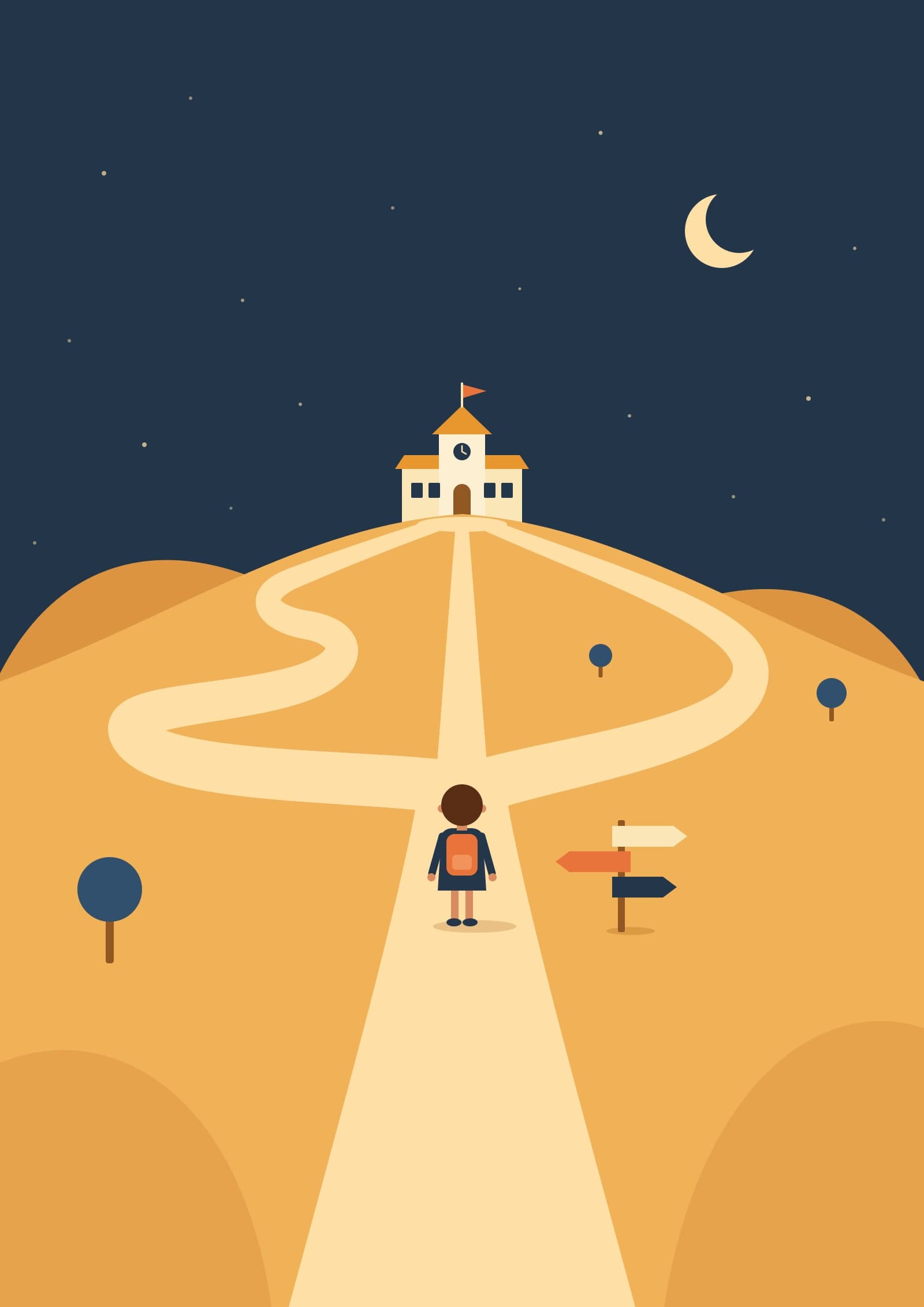 Warm illustration of a child standing by a signpost where a path splits into three routes that all lead to a school on a hill
