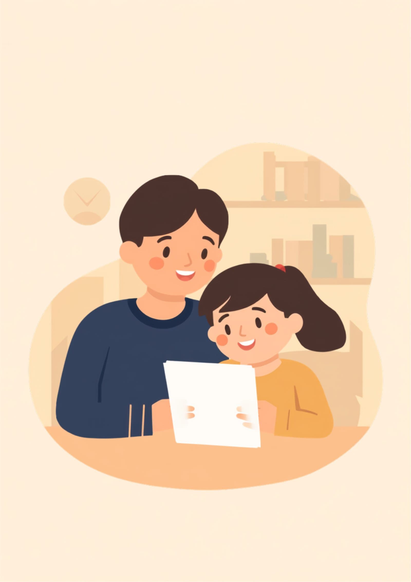 성적표를 함께 들여다보며 미소 짓는 부모와 아이를 그린 따뜻한 일러스트
