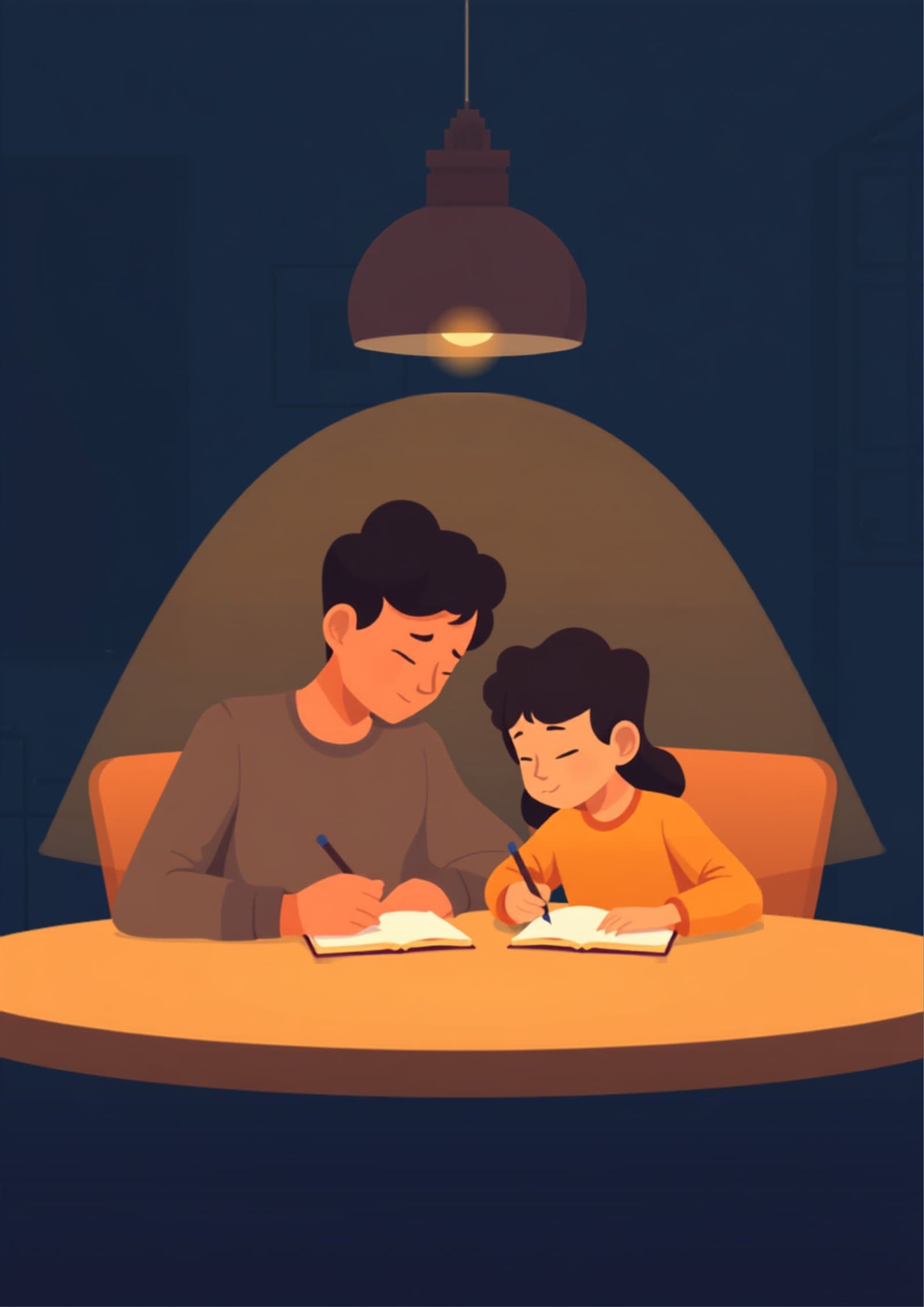 따뜻한 조명 아래 부모와 아이가 함께 숙제하는 모습을 그린 일러스트